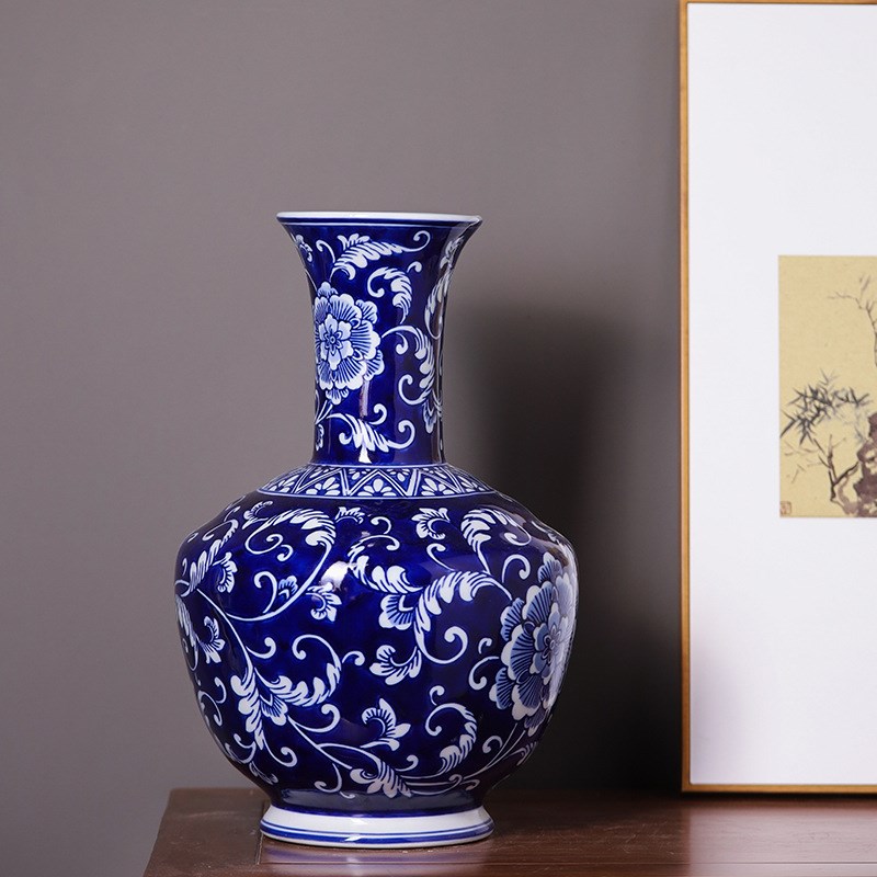 青花瓷花瓶 中式青花瓷器t仿古客厅家用插花陶瓷花瓶 家居装饰摆