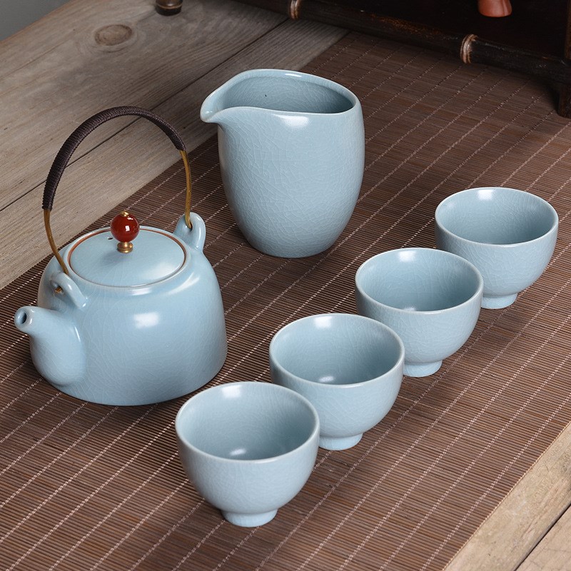 汝窑旅行茶具套装便携包家用简约日式提梁壶茶杯天青户.外一壶四