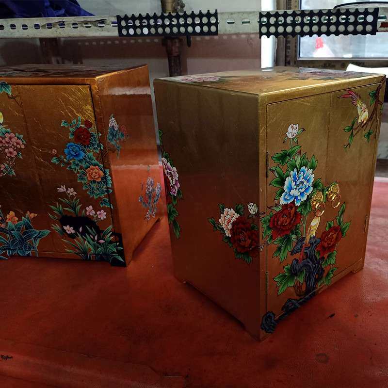 贴金箔手工彩绘漆器2门柜抽屉小柜子 创意新中式珠宝首饰收纳盒子