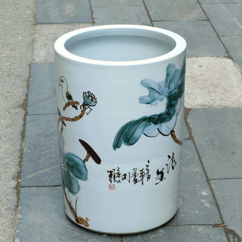 陶瓷书画筒雨伞缸手绘荷花卷轴字画缸家居书房装饰陶瓷摆件收藏品