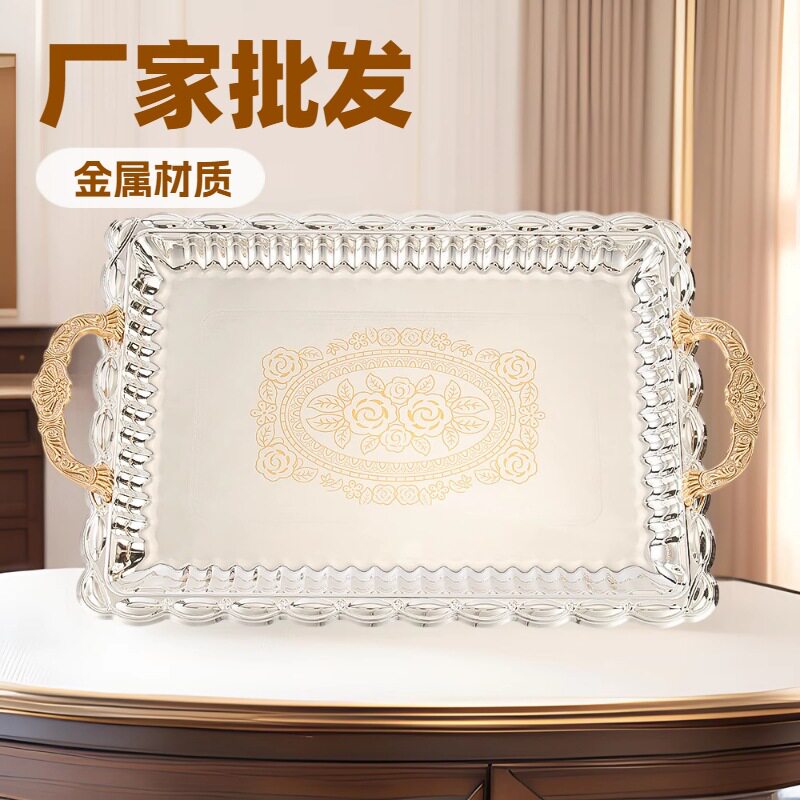 厂家批发欧式把手金属自助餐盘银色酒店西式餐厅餐具收纳盘铁艺果