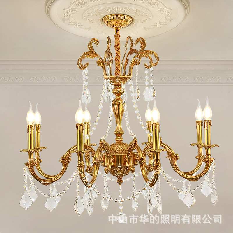 欧式水晶全铜灯法式别墅餐厅卧室温馨吊灯简欧复式楼书房创意灯具