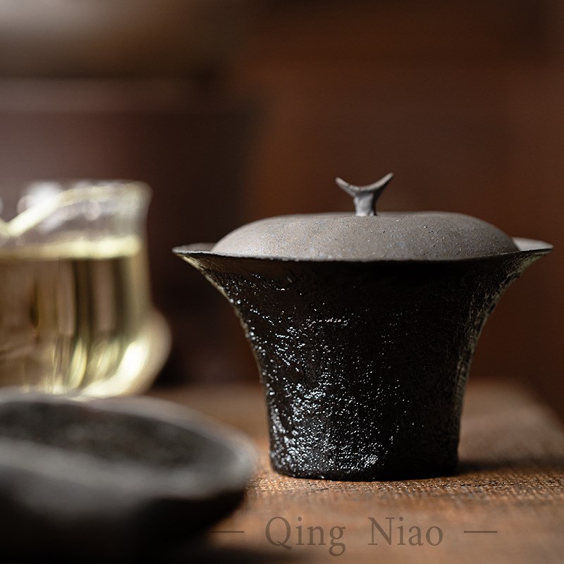 日式大漆缺月盖碗手工粗陶泡茶碗复古二才盖碗家用创意防烫敬茶碗