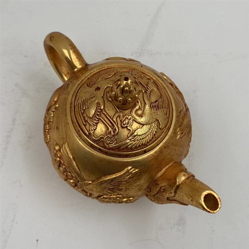 仿古工艺品铜镀24K金山水仙鹤小茶壶办公室客厅摆件收藏品送礼用