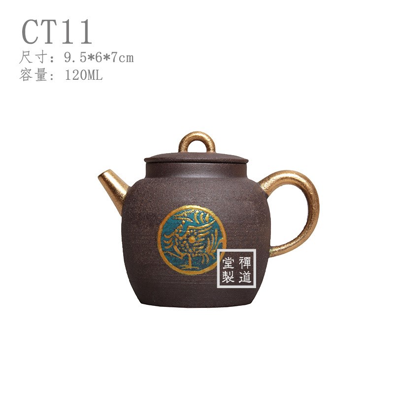 粗陶鎏金手绘欢喜乐秦权壶黑陶z复古四大神兽泡茶壶陶瓷李辉熠单