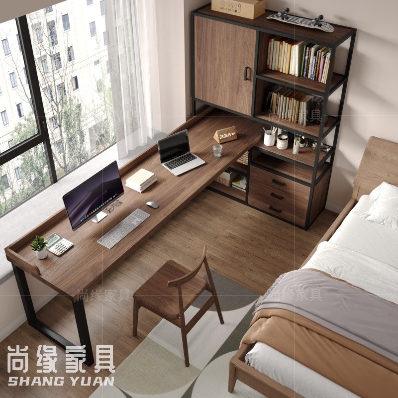 实木转角书桌e书架卧室双人拐角长条学习桌 家用l型电脑桌书柜一