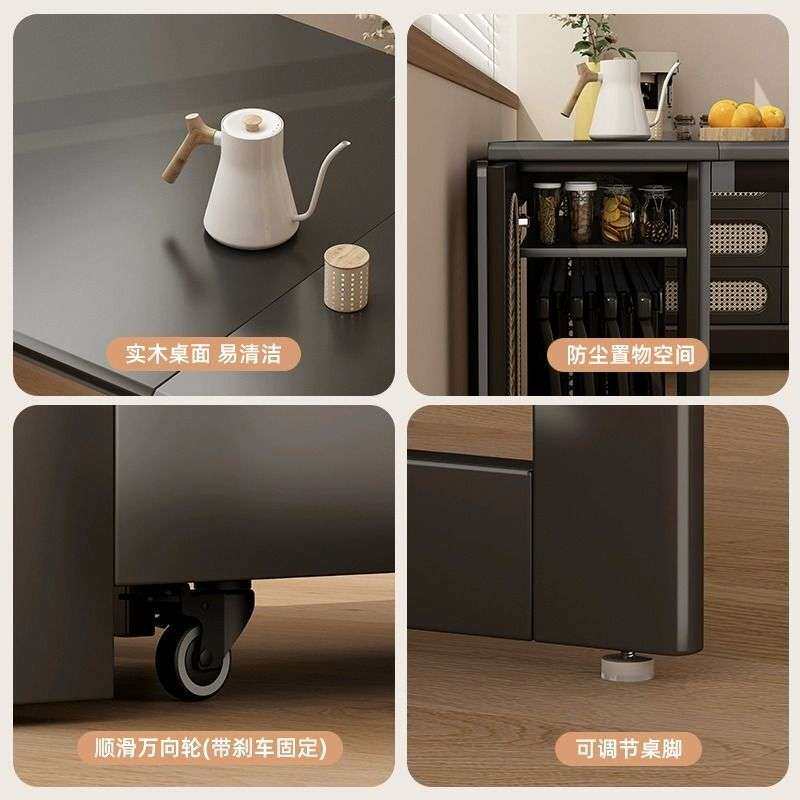 靠墙长方形实木岩板折叠餐桌可伸缩小户型家用轻奢隐形电磁炉饭桌