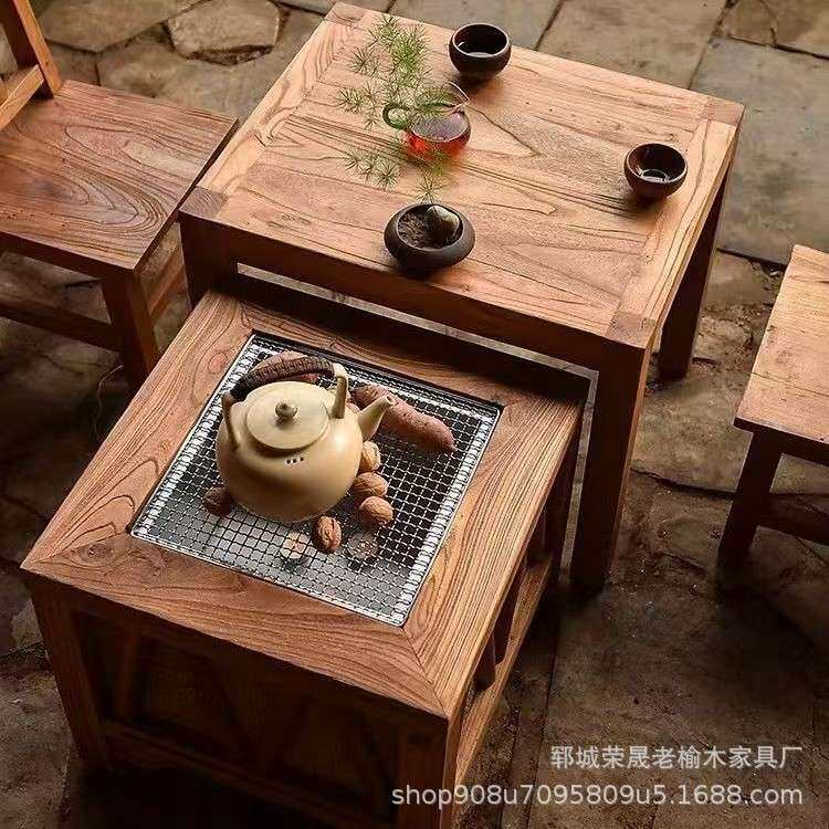 老榆木围炉煮茶桌户外实木小茶桌日式火钵碳炉茶台原木茶几火锅桌