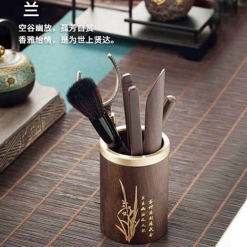 纯铜实木组合茶具套装摆u件中式创意复古旅行黑檀茶道六君子套
