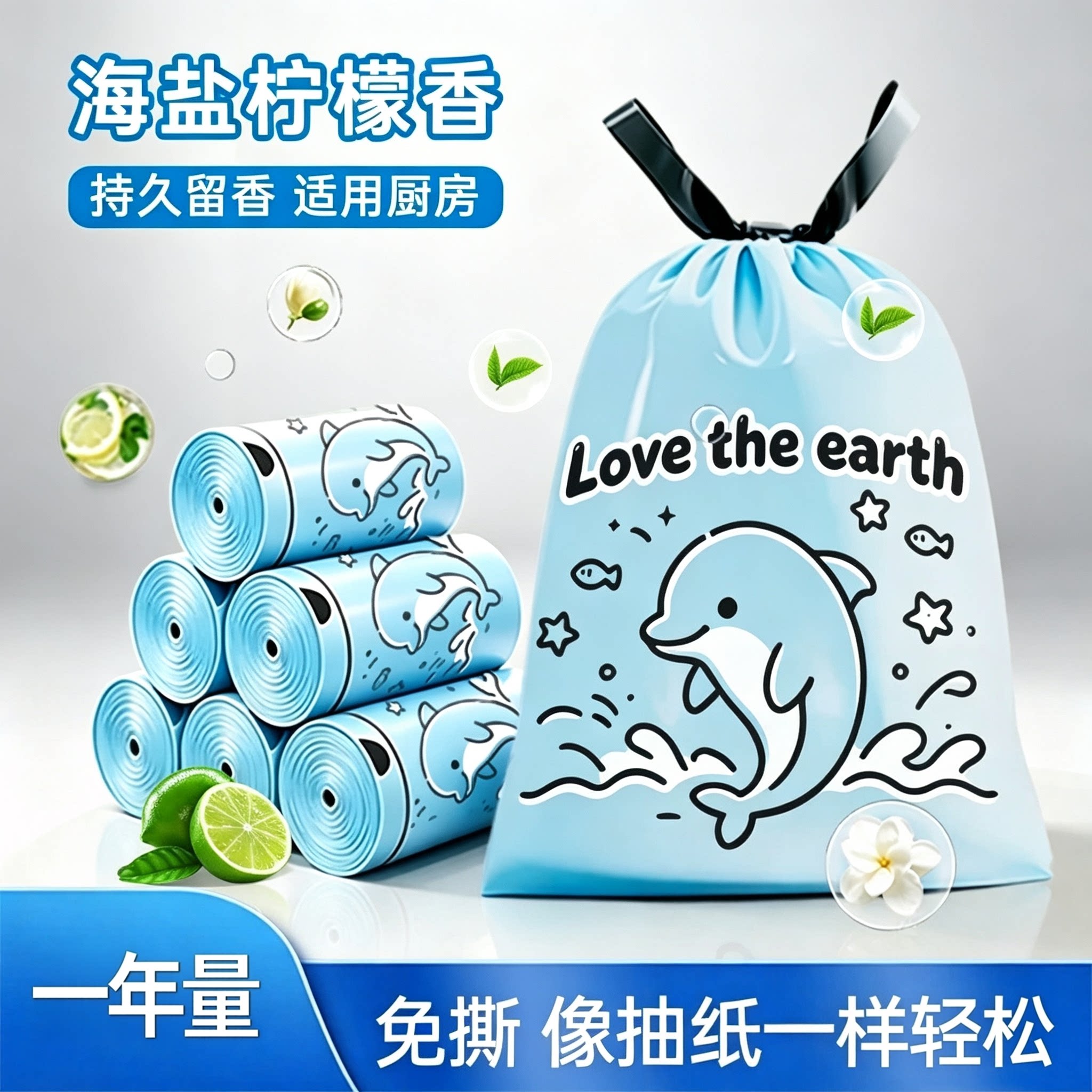 【限时特惠】海盐柠檬香氛免撕抽绳垃圾袋加大加厚卷筒卡通海豚wy
