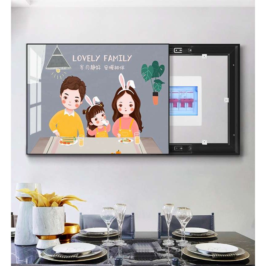电表箱装饰画遮挡免打孔现代简约开关电闸箱挂画推拉式一家三四口
