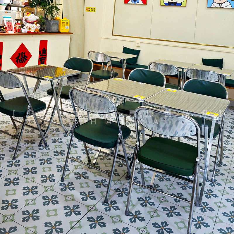 港风冰室餐桌不锈钢桌椅下午茶甜品店折叠方桌圆桌复古茶餐厅桌子