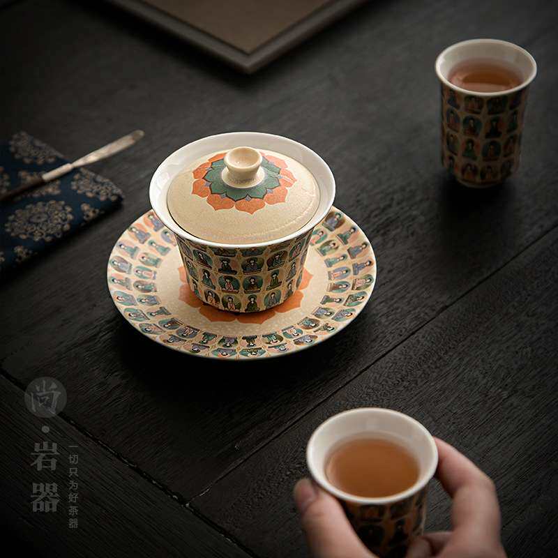 手工防烫陶瓷三才盖碗茶杯大号文创敦煌千佛泡茶器家用手抓壶茶碗