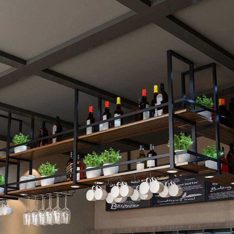 工业风实木铁艺吊架置物架吧台餐厅酒吧厨房悬挂吊顶吊柜酒架酒杯