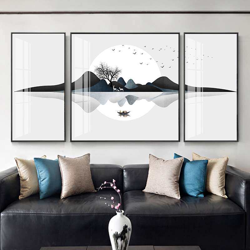 大气客厅装饰画现代简约沙发背景挂画山水轻奢墙画水墨山河三联画