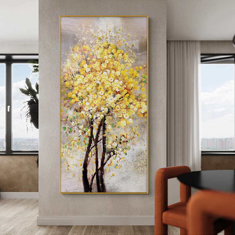 手绘油画入户玄关装饰画现代轻奢发财树挂画楼梯过道走廊尽头壁画