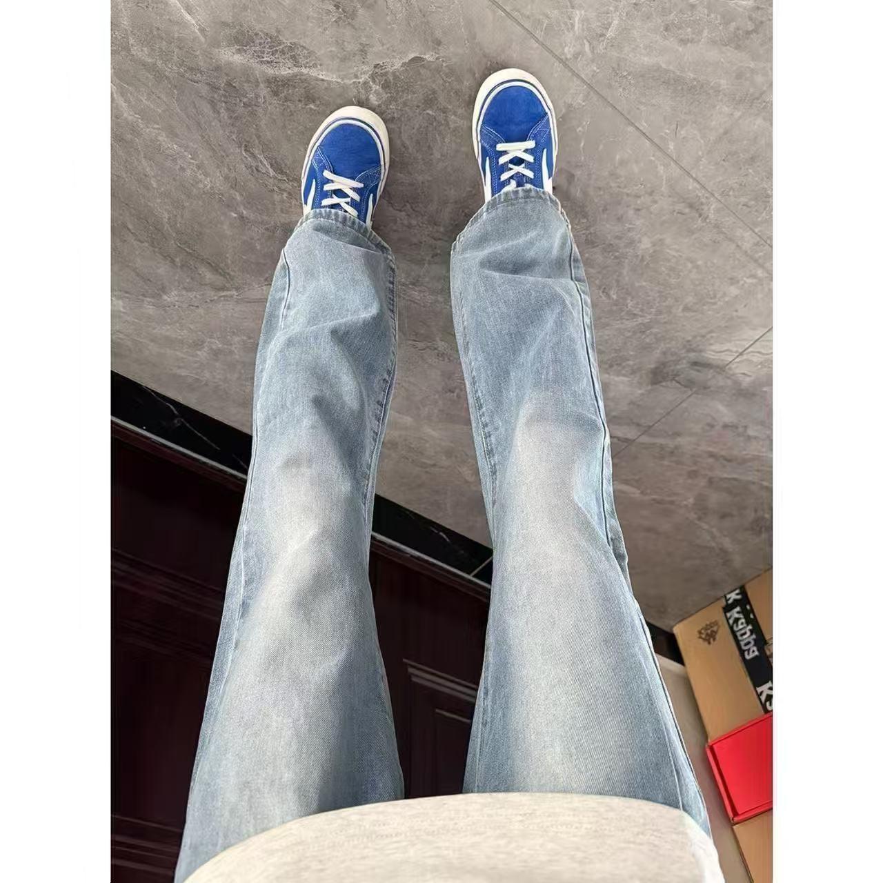 浅蓝色儿童牛仔裤男美式高街vibe微喇裤子cleanfit夏季修身直筒裤