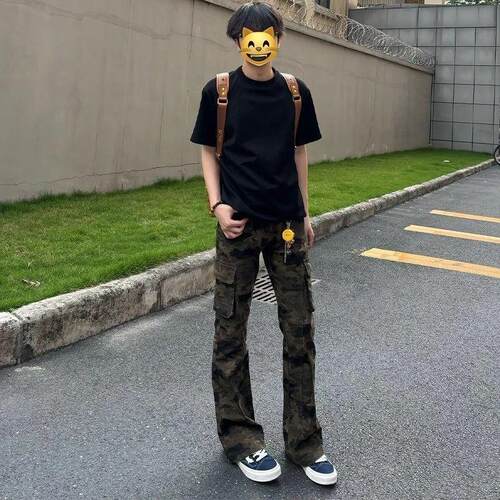 美式复古迷彩微喇工装裤儿