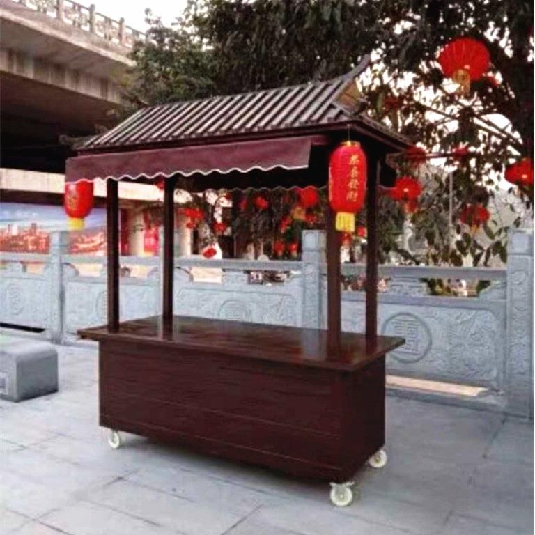景区公园移动售货车木质摆摊车节日实木展示车国风售卖车手推餐车