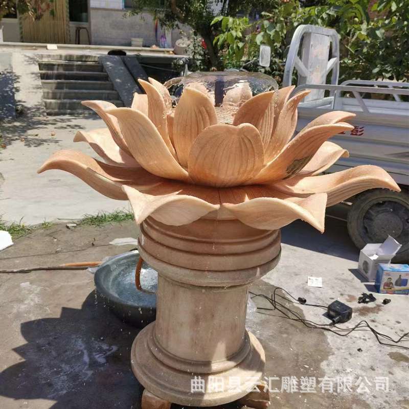 石雕荷花喷泉晚霞红莲花吐水莲花喷泉户外庭院水景喷水雕塑摆件
