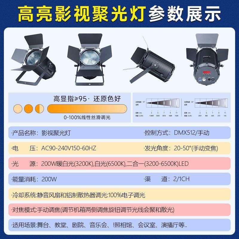 捷创200W影视聚光灯电影摄影cob补光灯舞台剧场演出演播室暖光灯