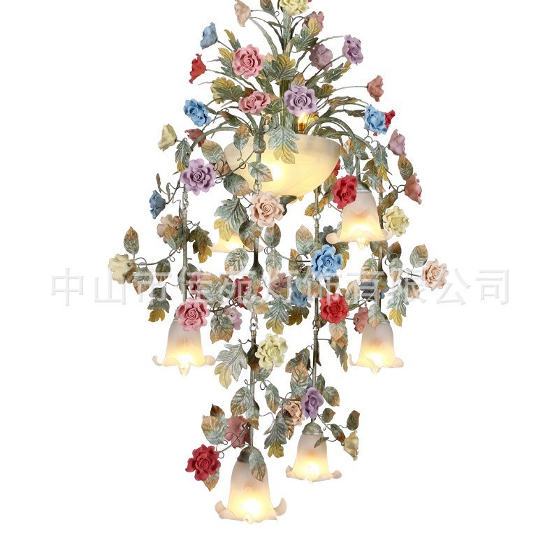 美式田园吊灯创意花草吊u灯客厅大气吊灯别墅楼梯灯韩式铁艺花灯