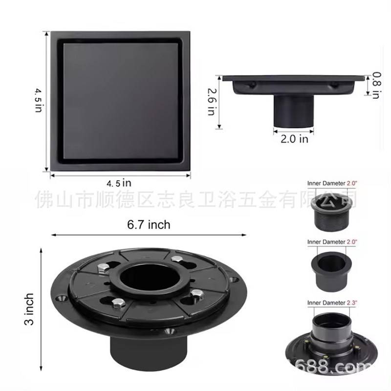 美式极简6英寸304 SUS拉丝工艺淋浴排水管浴室浴缸隐形防臭地漏