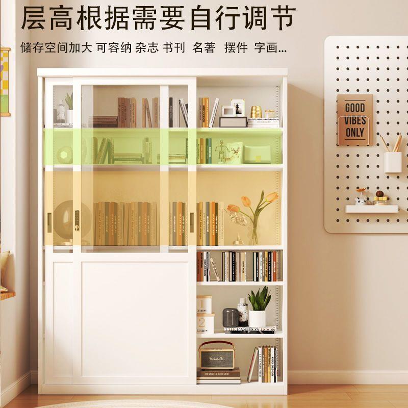 家用玻璃门书柜推拉门展示柜移门铁艺收纳储物柜钢制带锁落地书架