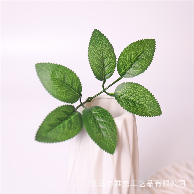 直销高档丝印仿真花叶(丝印6片玫瑰叶)仿真绢花6片绿色叶子