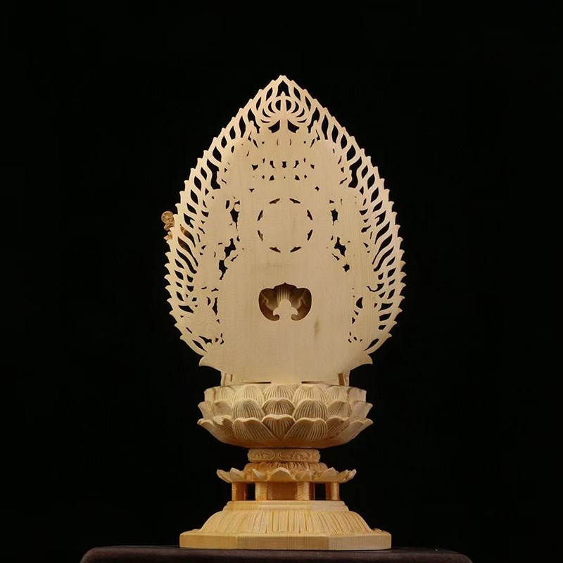桧木雕刻坐西方三圣摆件家居供奉摆件客厅办公室装饰品.木质工艺