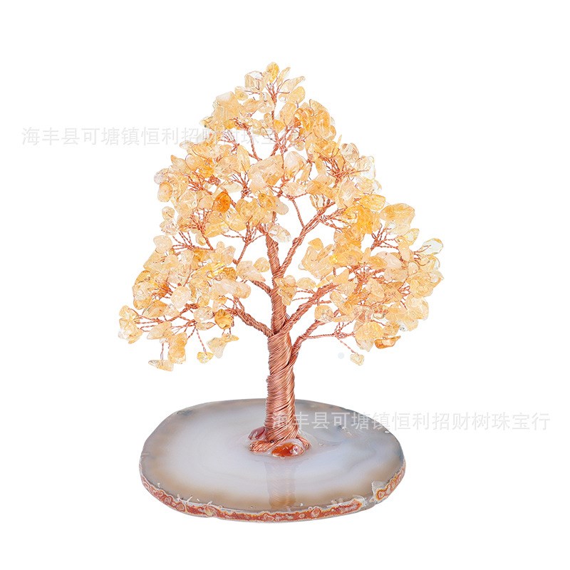 工厂天然玛瑙底纯手工招财黄水晶海蓝宝碧玺R发财树车载小摆件