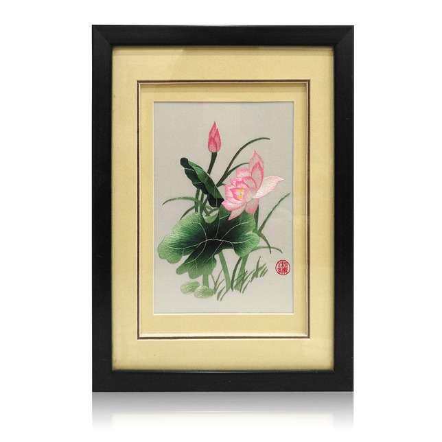 紫金湘绣刺绣成品手工刺绣玄关过道装饰壁画 荷花鱼牡丹风景挂画