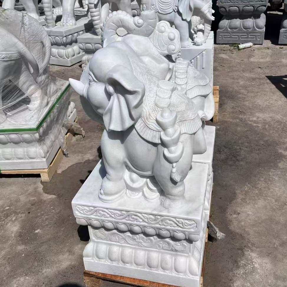 石雕汉白玉大象一对门墩抱鼓石门口翘鼻子石象别墅门口招财摆件