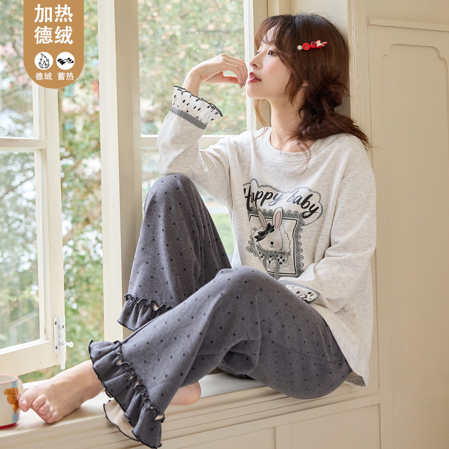 睡衣秋冬款女士蚕丝羊毛德绒加厚长袖圆领套头卡通蓄热保暖家居服