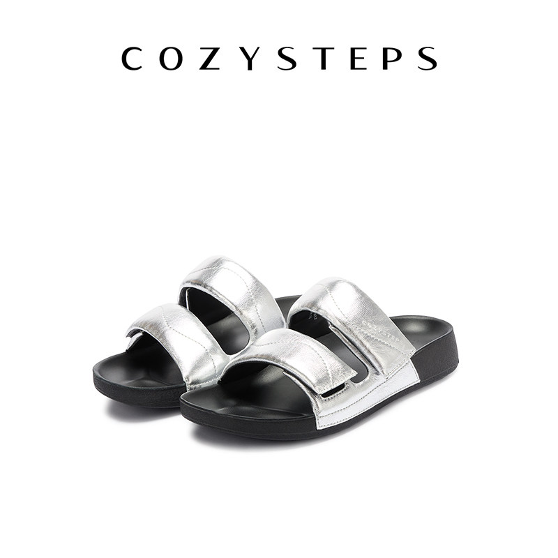 COZY STEPS可至女士26夏季新款透气头层牛皮厚底双条带拖鞋凉鞋女