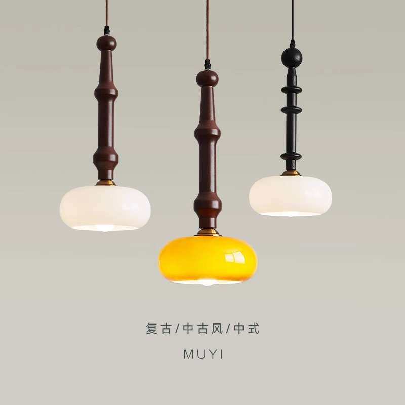 卧室床头吊灯美式复古创意胡桃木色中古实木玻璃民宿餐桌吧台灯具