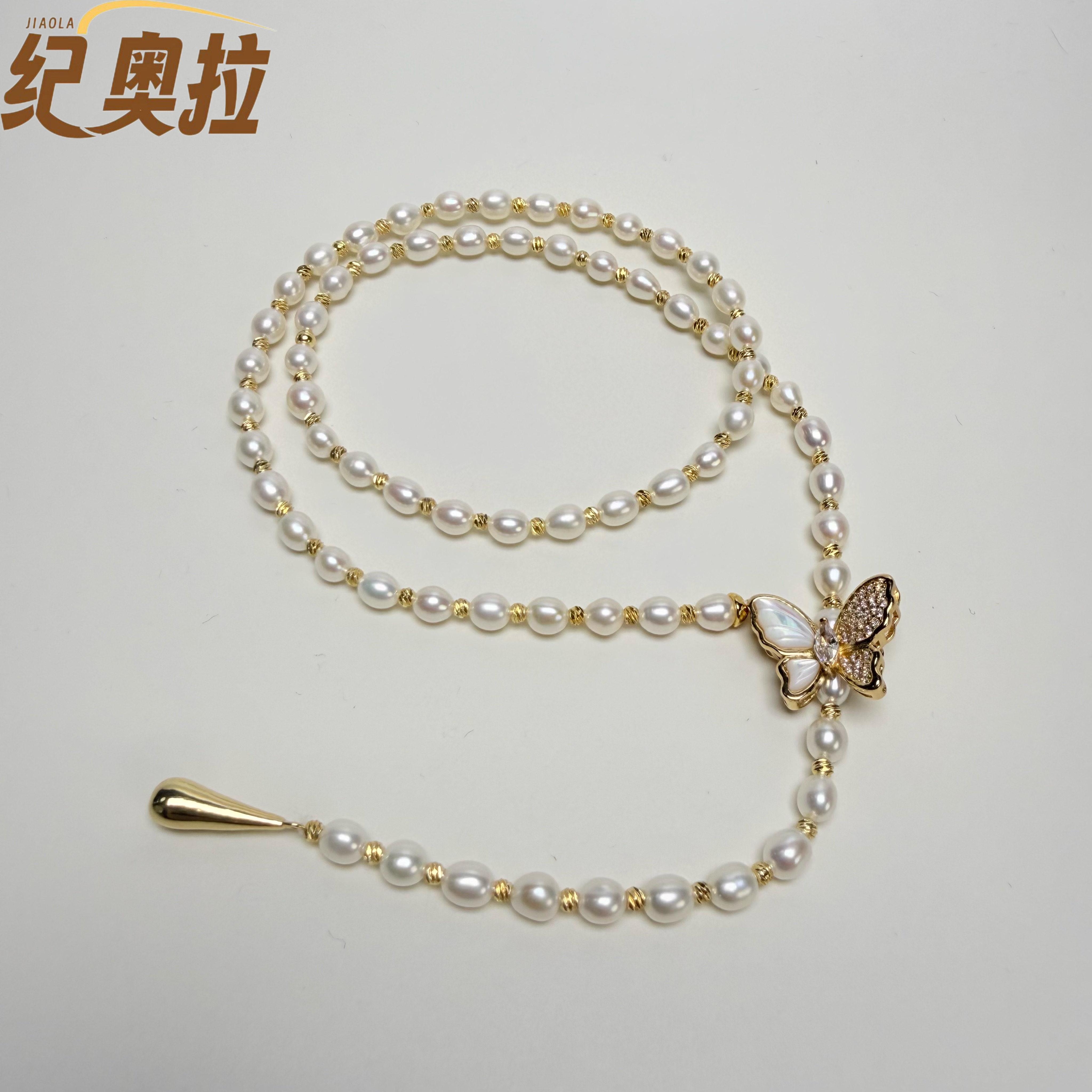 纪奥拉天然淡水珍珠项链贝母蝴蝶结Y字长米形珍珠项链毛衣链55mm