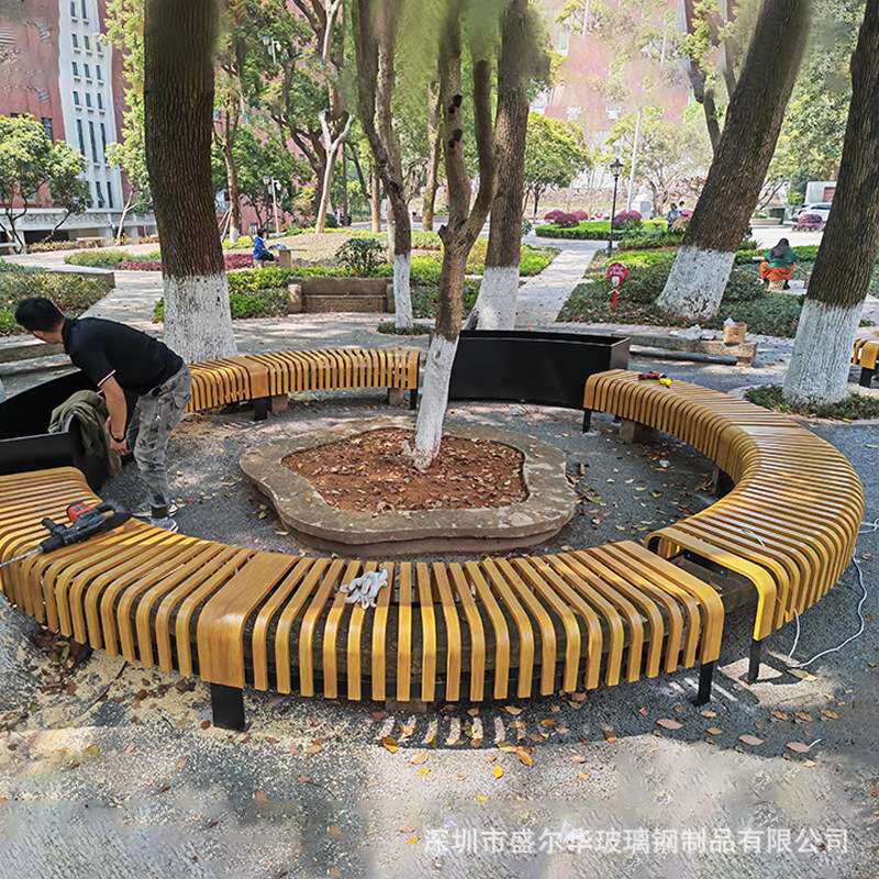 不锈钢坐凳景观户外异形座椅金属铁艺木质休息椅弧形切片广场凳子