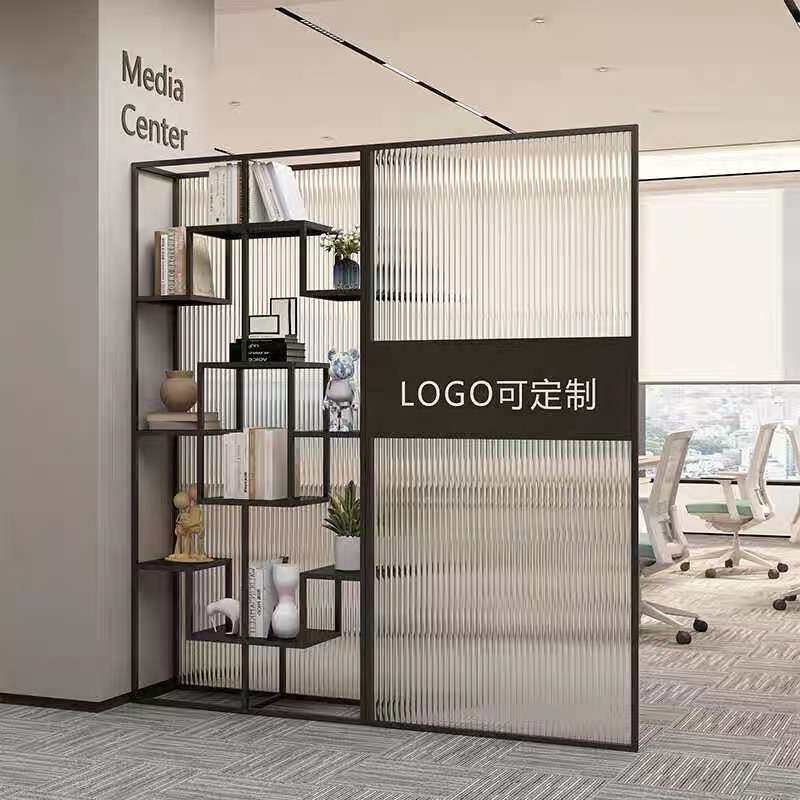 公司前台logo铁艺玻璃隔断展示架办公室隔断屏风展厅形象墙置物架