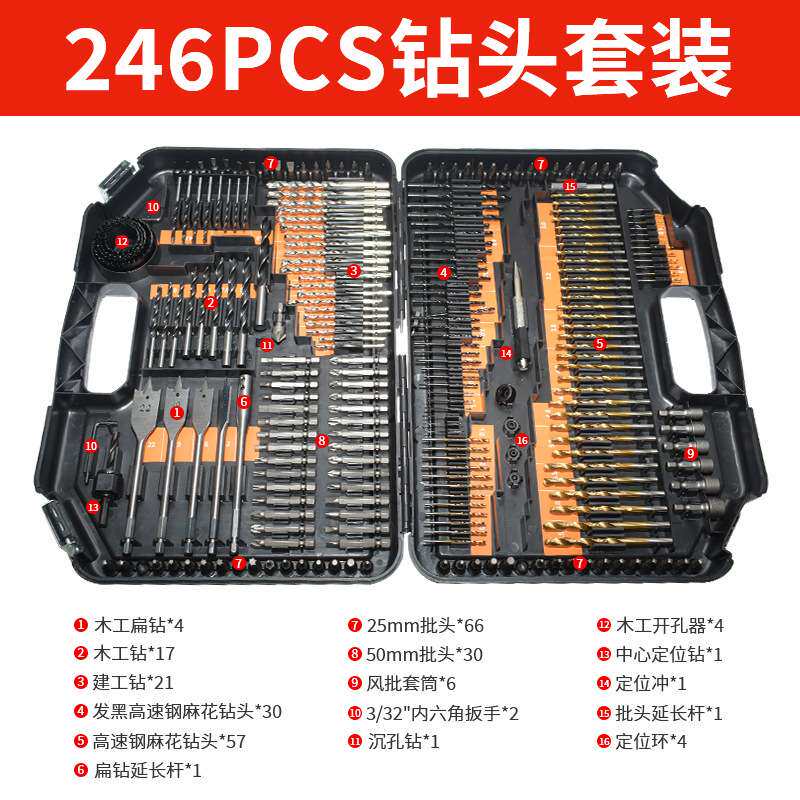 跨境热销246件套木工钻头组套电钻打孔麻花钻开孔器五金工具套装