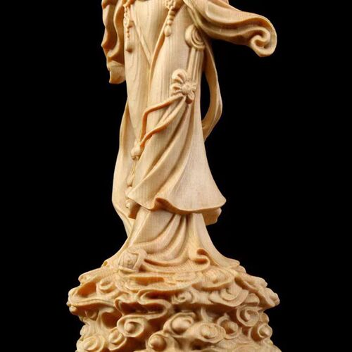黄杨桧木雕嫦娥抱玉兔摆件 中式家居客厅装饰古典月宫仙子工艺品