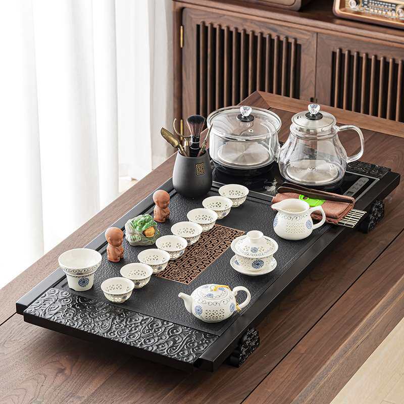 茶具套装家用一体茶台石材实木结合茶盘四合一玻璃烧水壶功夫泡茶