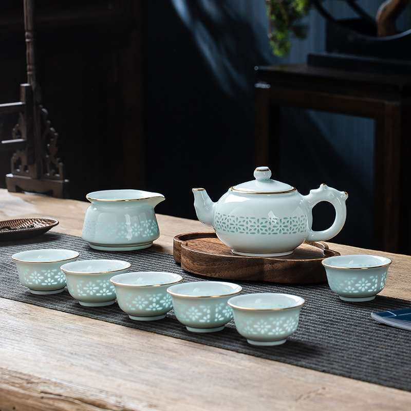 茶具整套装旅行高档端茶壶送礼景德镇泡茶青釉玲珑 青花玲珑镂空