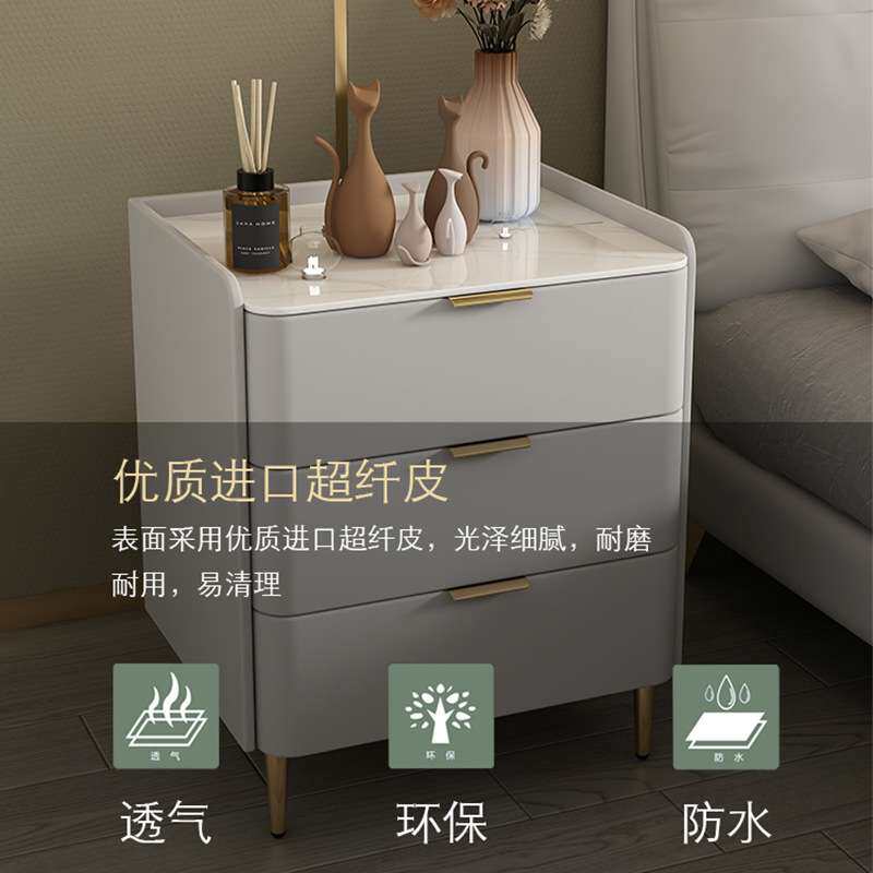 南康家具实木床头柜奶油风现代简约轻奢皮质卧室床边岩板置物柜
