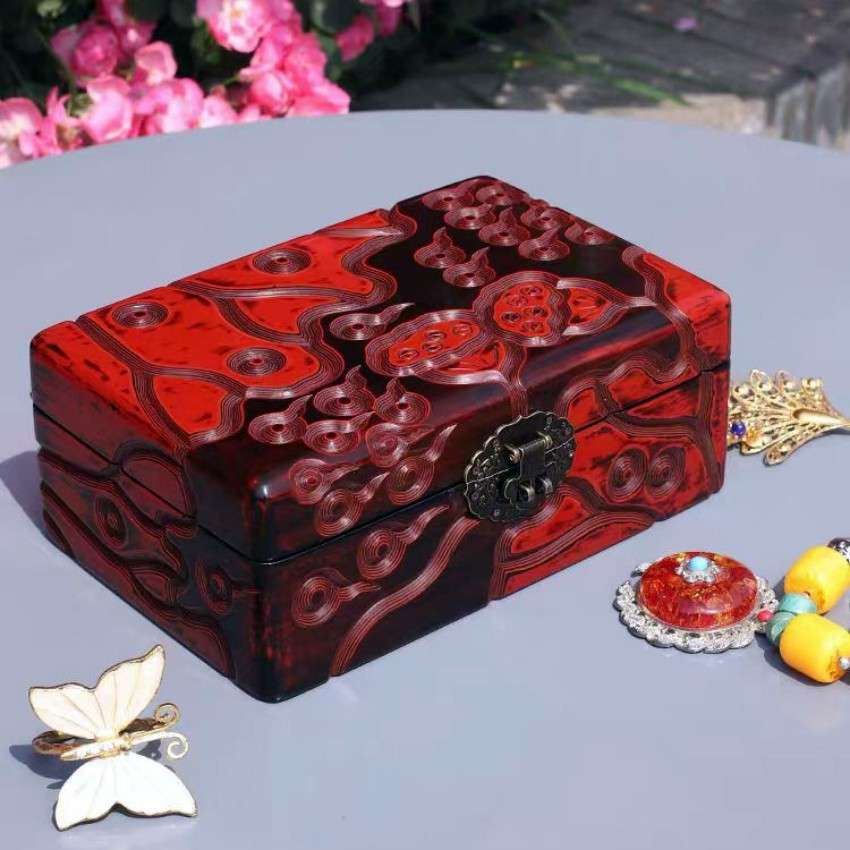 云雕漆器山西特色手工艺品 23厘米长形多子多福首饰盒 大漆饰品盒