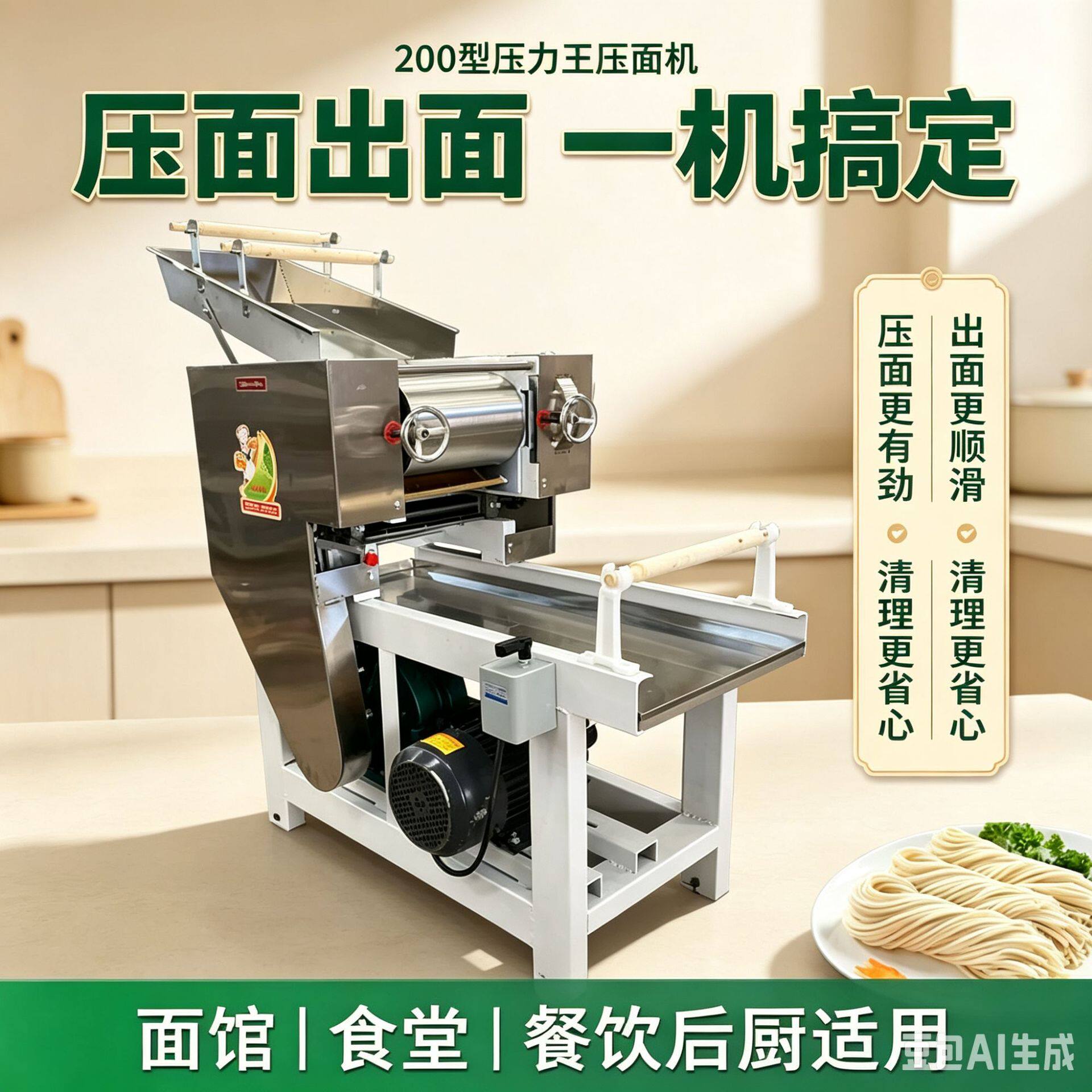 200型压力王商用面条机加粗压面辊大功率不锈钢鲜面机一次成型
