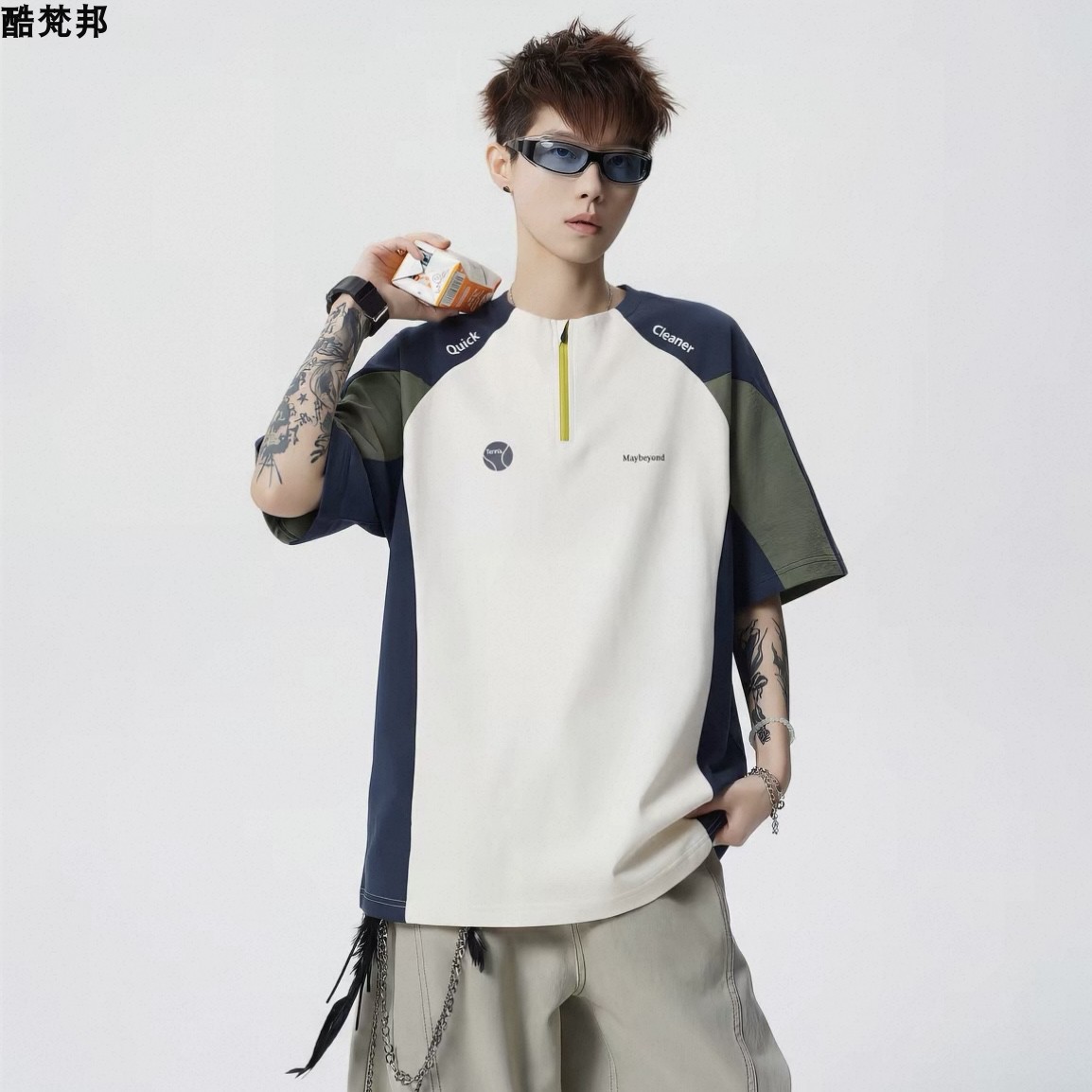 美式复古半拉链短袖t恤男