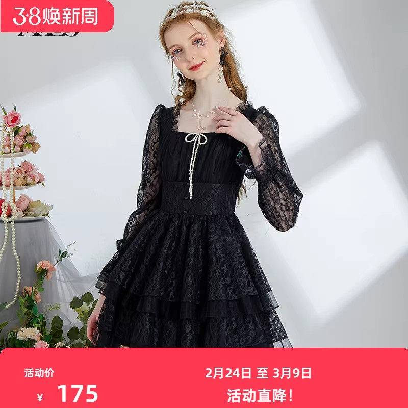艾丽丝2026春季新款甜美公主风蛋糕裙长袖方领短款连衣裙黑色白色