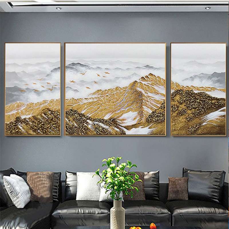 手绘油画客厅横版挂画金山三联沙发背景装饰画立体简约现代画