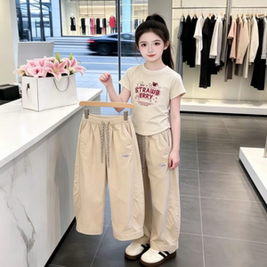 女童套装夏装新款2026洋气时髦女儿童印花短袖T恤中大童休闲裤子